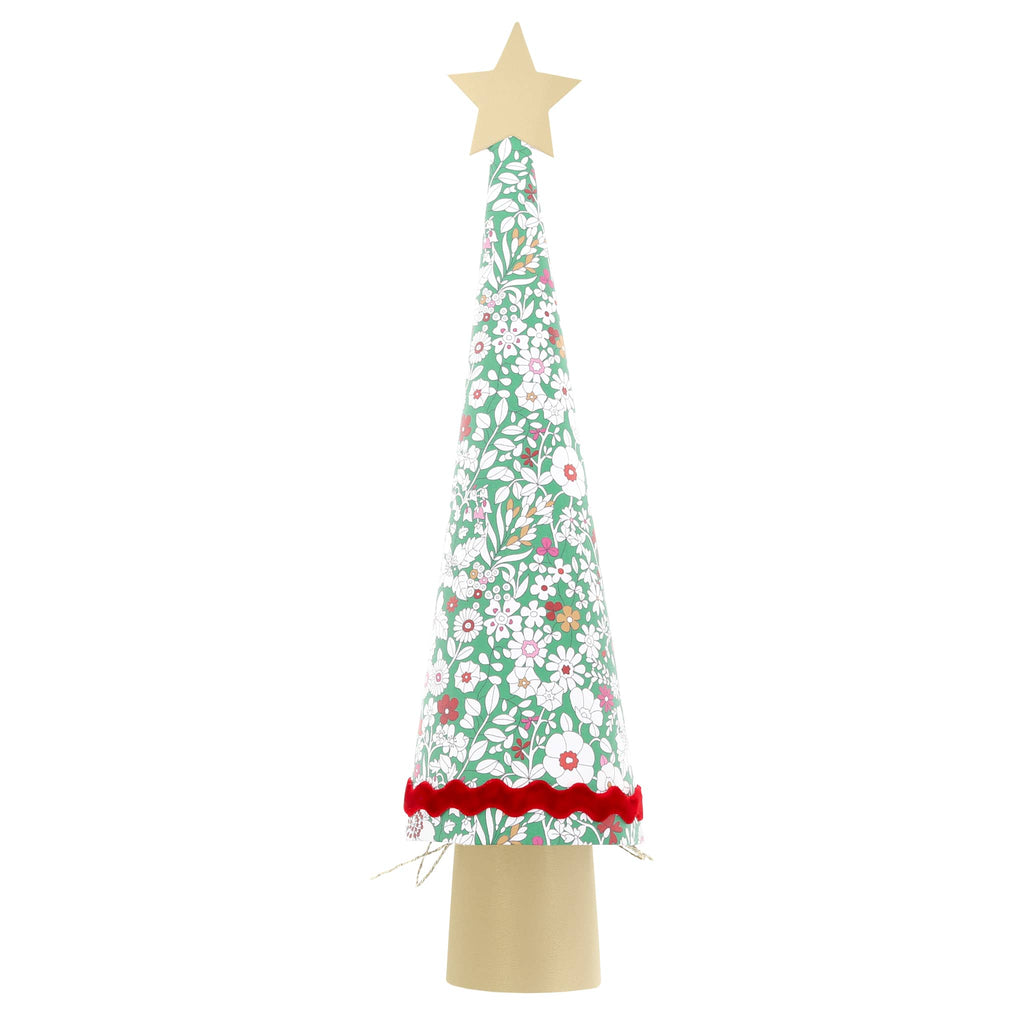 Decorative Christmas tree cracker with floral pattern and star topper on a white background.