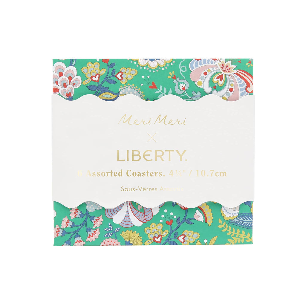 Packaging of Meri Meri x Liberty assorted coasters with floral design on a white background.