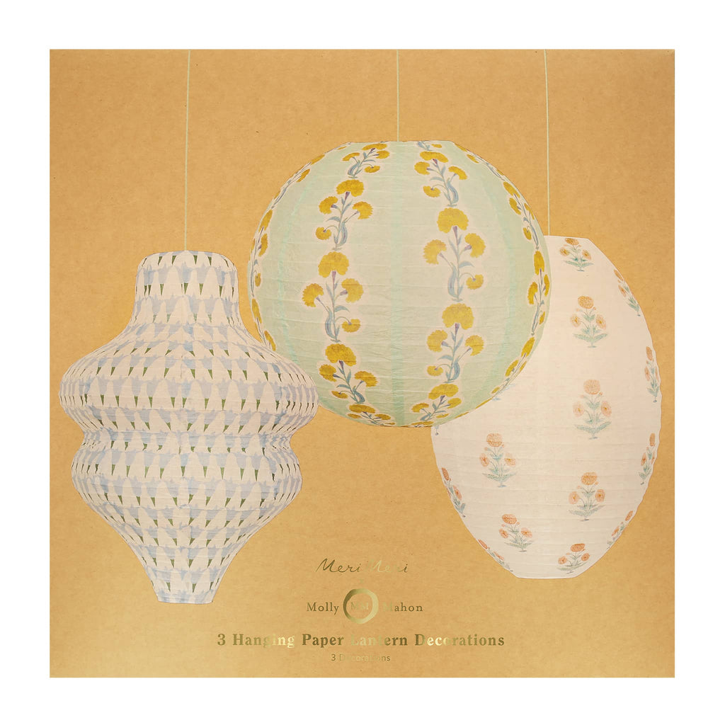 Meri Meri x Molly Mahon hanging paper party lanterns in 3 shapes and prints, in packaging.