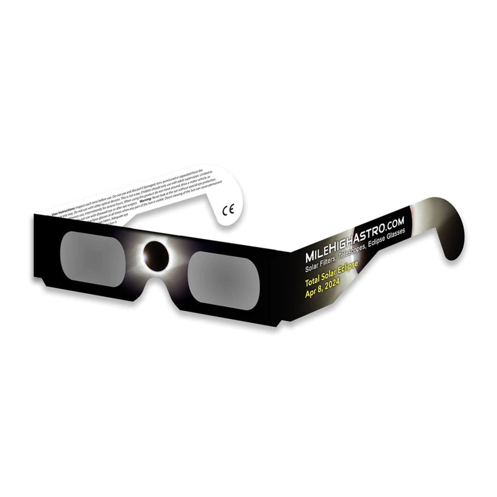 Mile High Astronomy Solar Eclipse viewing glasses, front angle.