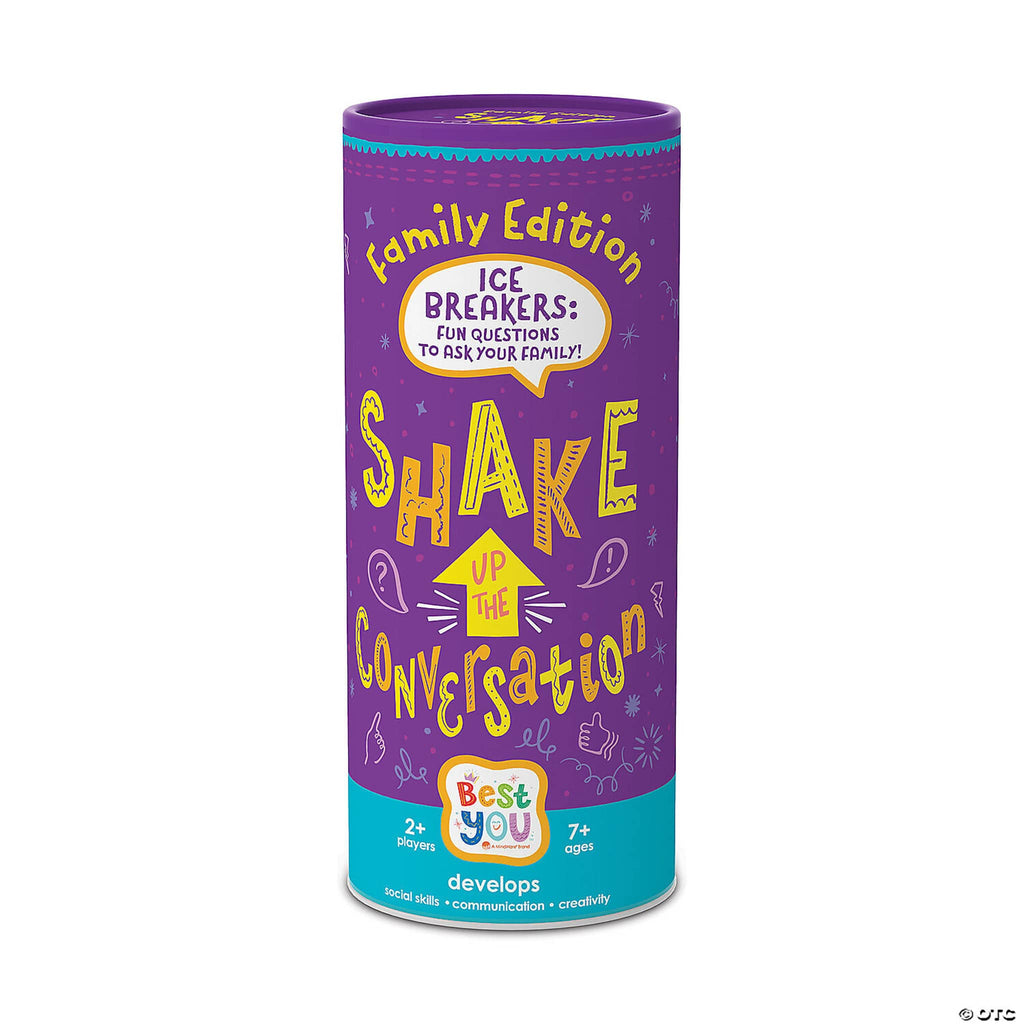 Mindware Shake Up the Conversation ice breaker game, family edition, in purple canister packaging, front view.