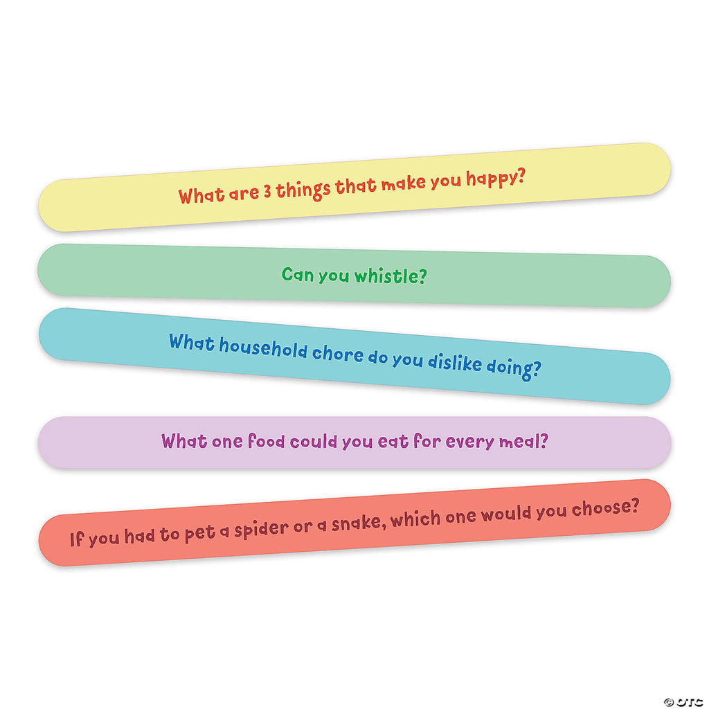 Mindware Shake Up the Conversation ice breaker game, family edition, sample question sticks.