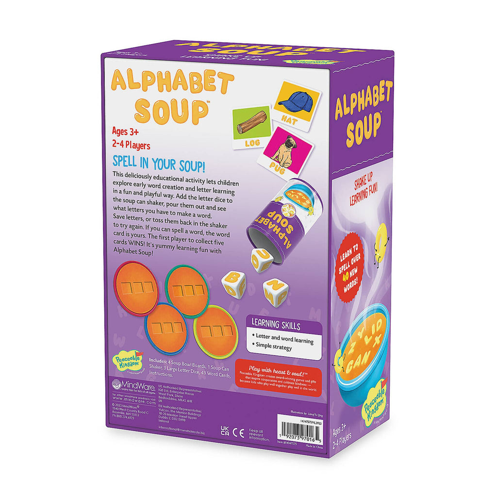 Mindware Alphabet Soup Spelling Game in box packaging, back view.