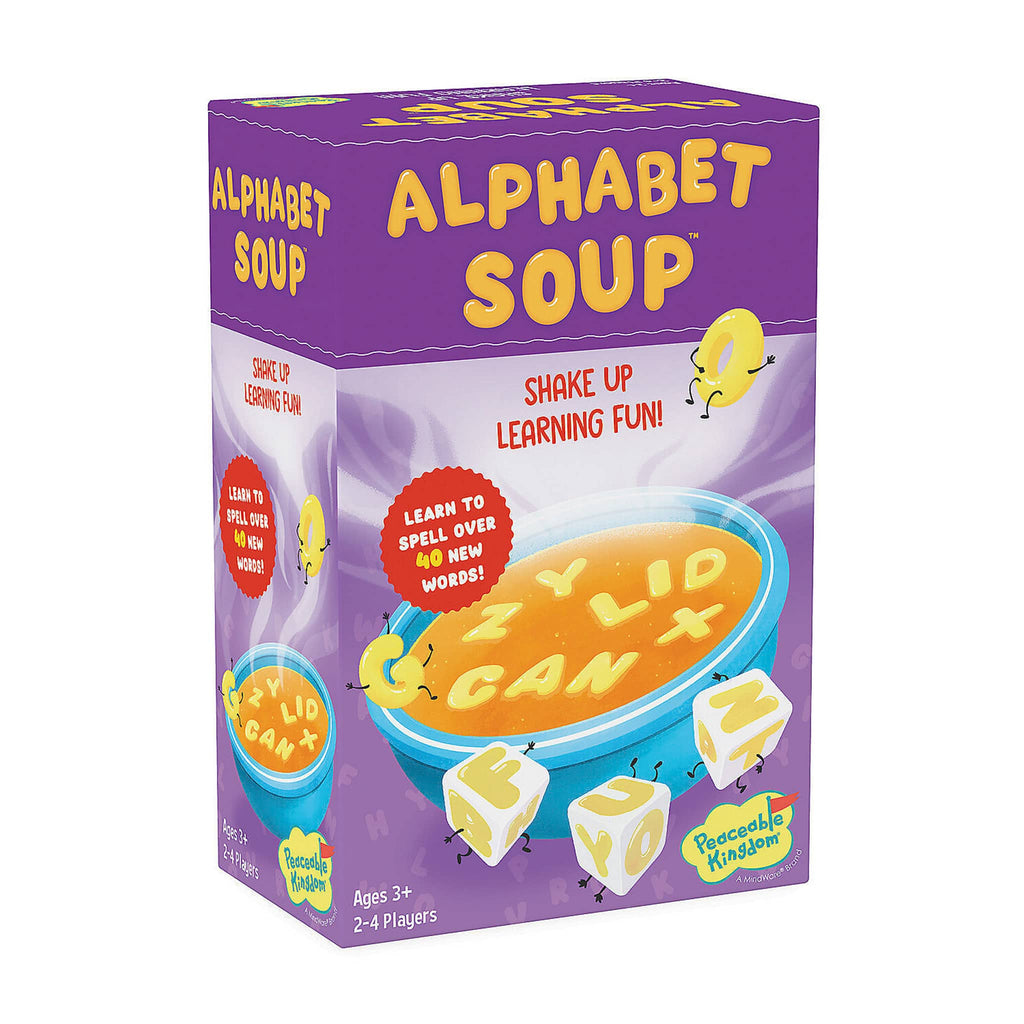 Mindware Alphabet Soup Spelling Game in box packaging, front view.