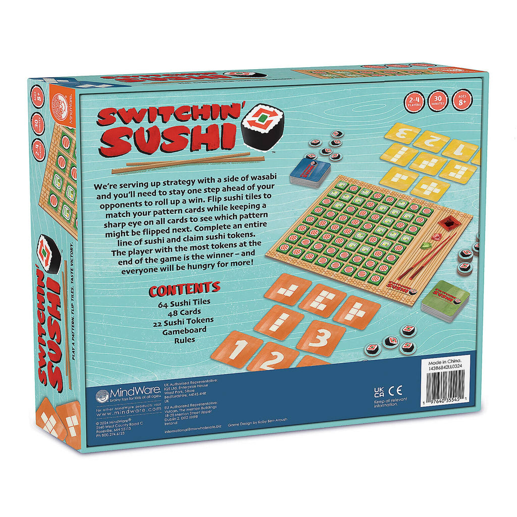 Mindware Switchin' Sushi game in box packaging, back view.