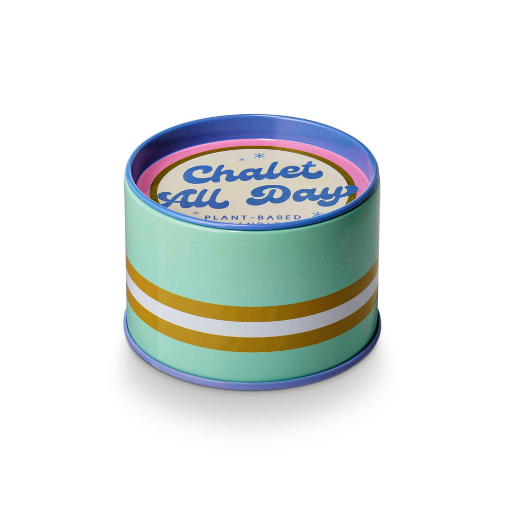 Green cylindrical container with mustard yellow and white stripes and 'Chalet All Day' branding, on a white background.