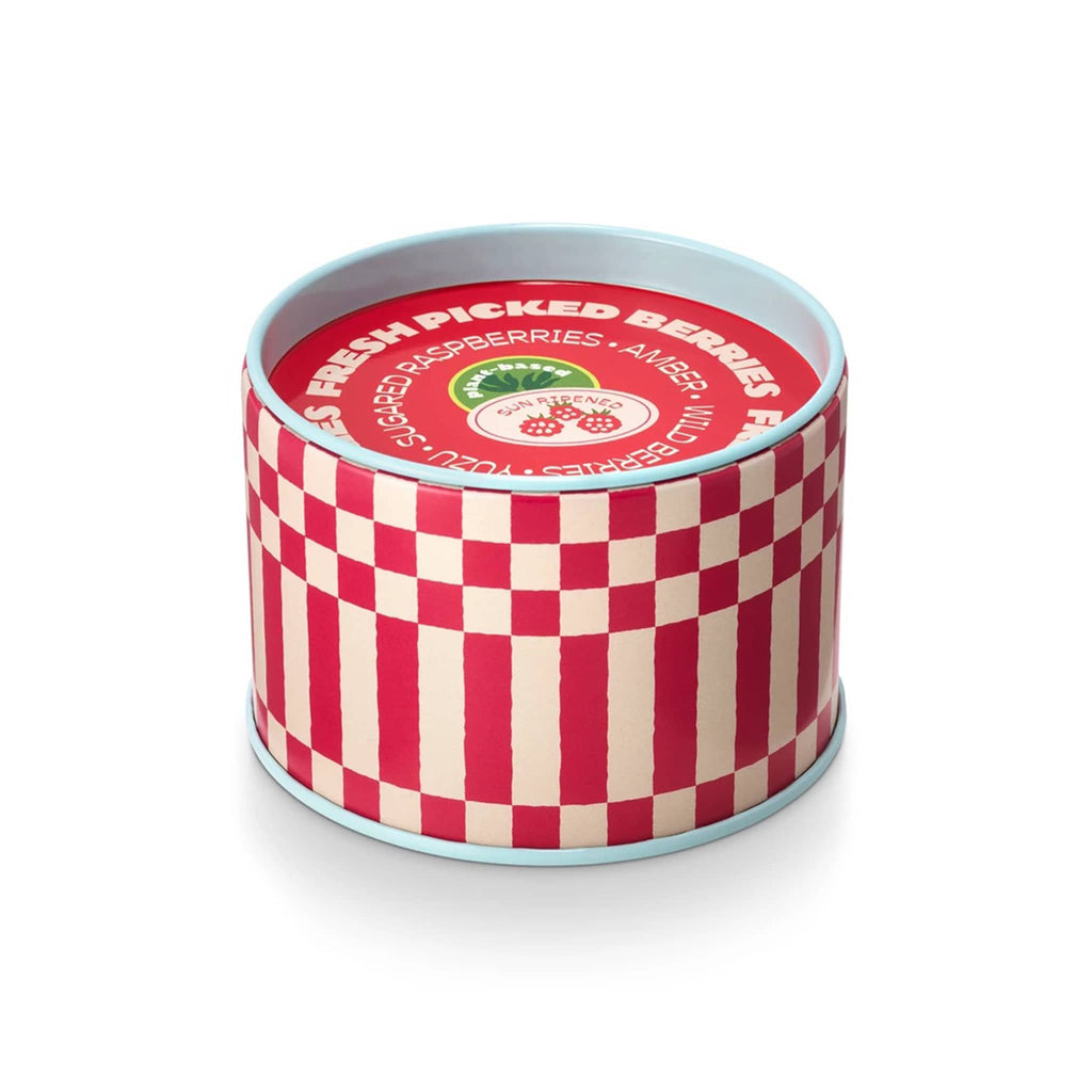 MiscMatch fresh picked berries scented soy wax candle in red, white and blue  farmers market tin with lid.