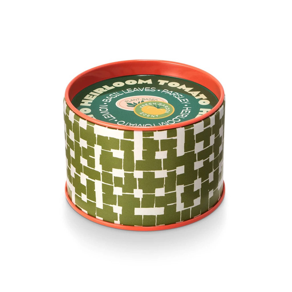 MiscMatch heirloom tomato scented soy wax candle in green farmers market tin with lid.