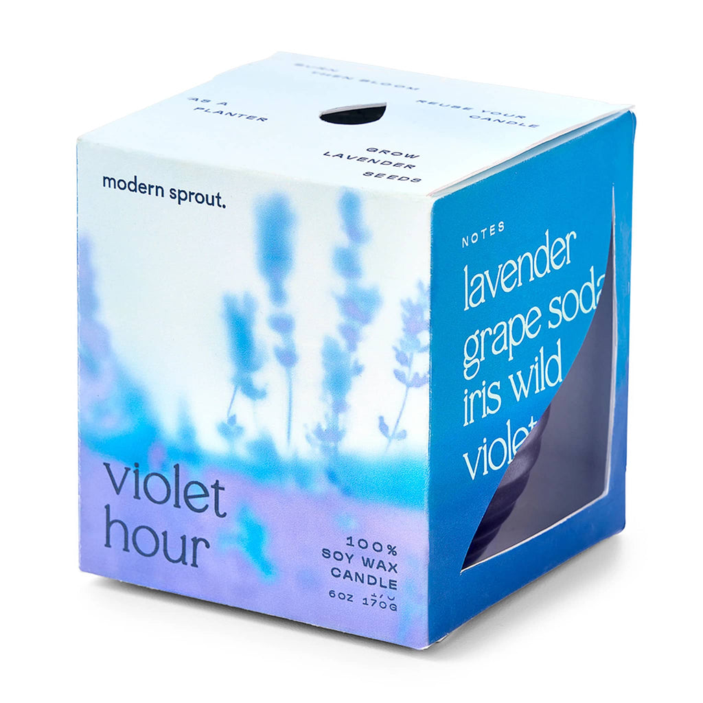 Modern Sprout Violet Hour Garden Vibes scented soy wax candle with lavender seeds in box packaging, front angle view.