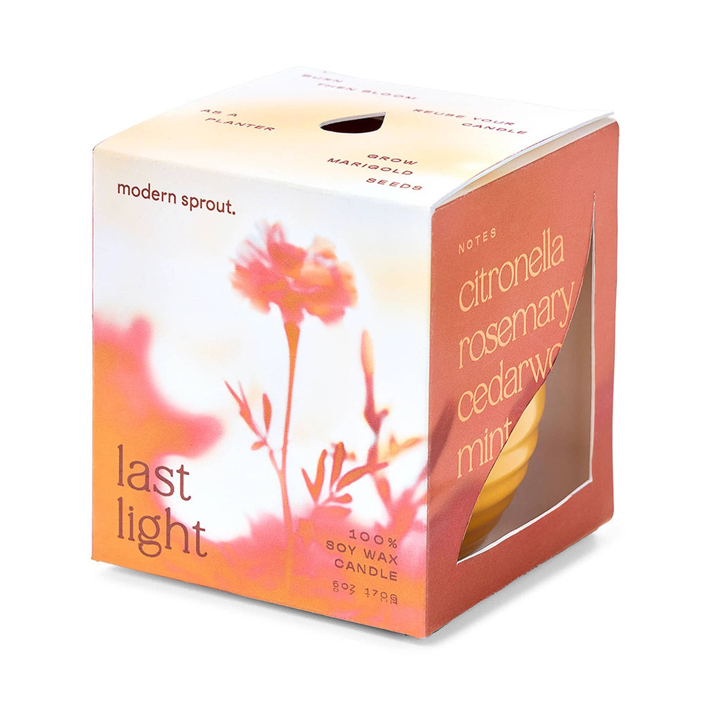 Modern Sprout Last Light Garden Vibes scented soy wax candle with marigold seeds in box packaging, front angle view.