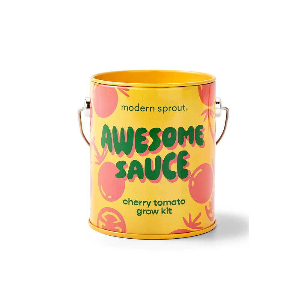 Modern Sprout Cherry Tomato Complimentary Colors Grow Kit in yellow mini paint can packaging, front view.