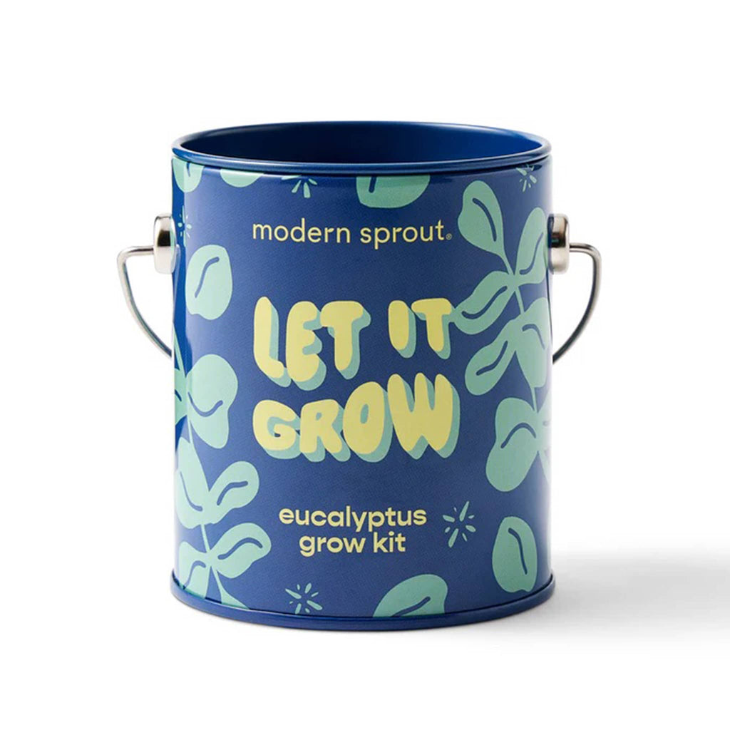 Blue tin can with 'modern sprout' branding and 'Let It Grow' text on a white background.
