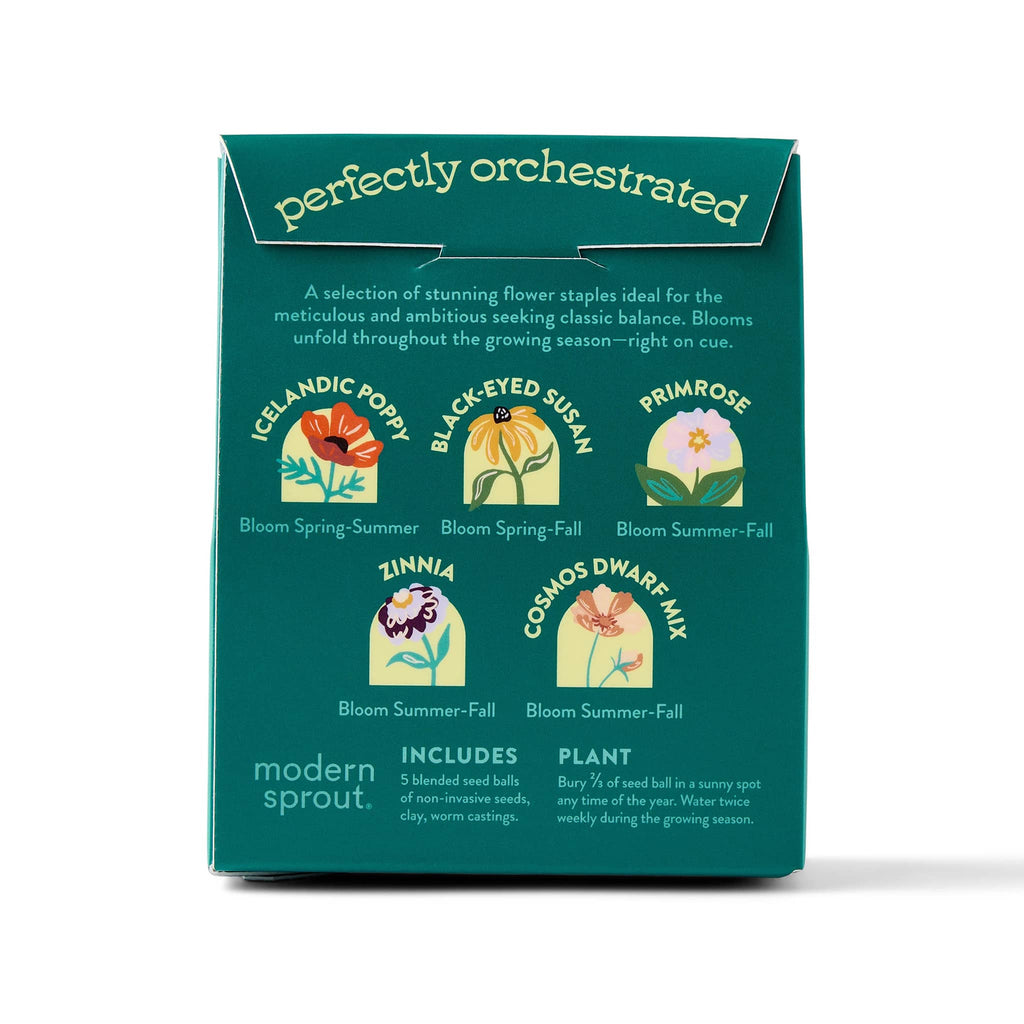 Green packaging of 'the maestro's garden' flower seed balls with illustrations and text.