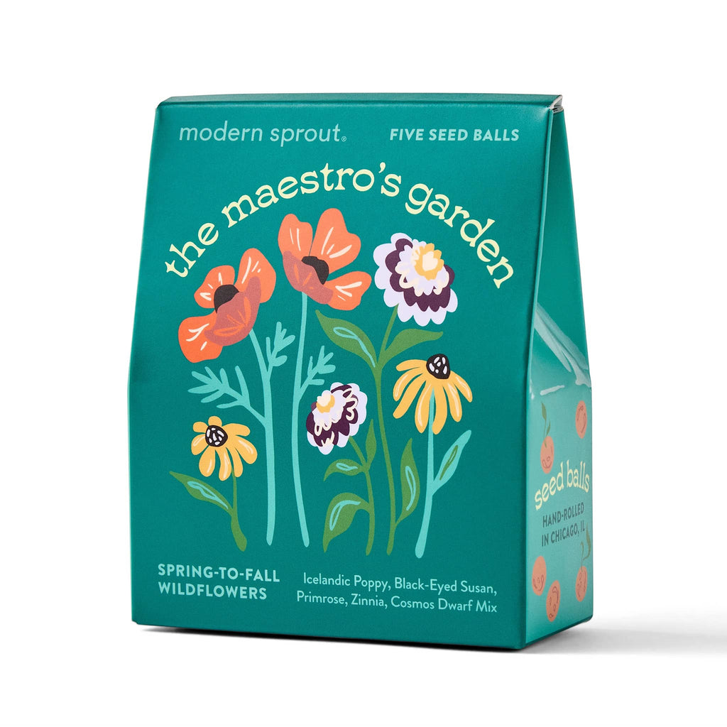 Teal packaging of 'the maestro's garden' with floral illustrations on a white background.