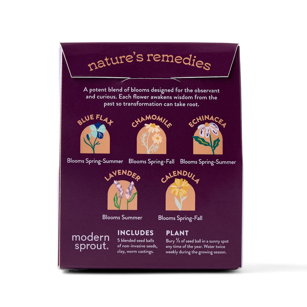 Purple packaging of 'the alchemist's garden' seed balls with floral illustrations and text on a white background.