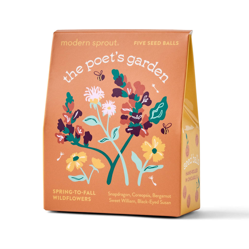 Packaging of 'The Poet's Garden' seed balls with floral illustrations on an orange background.