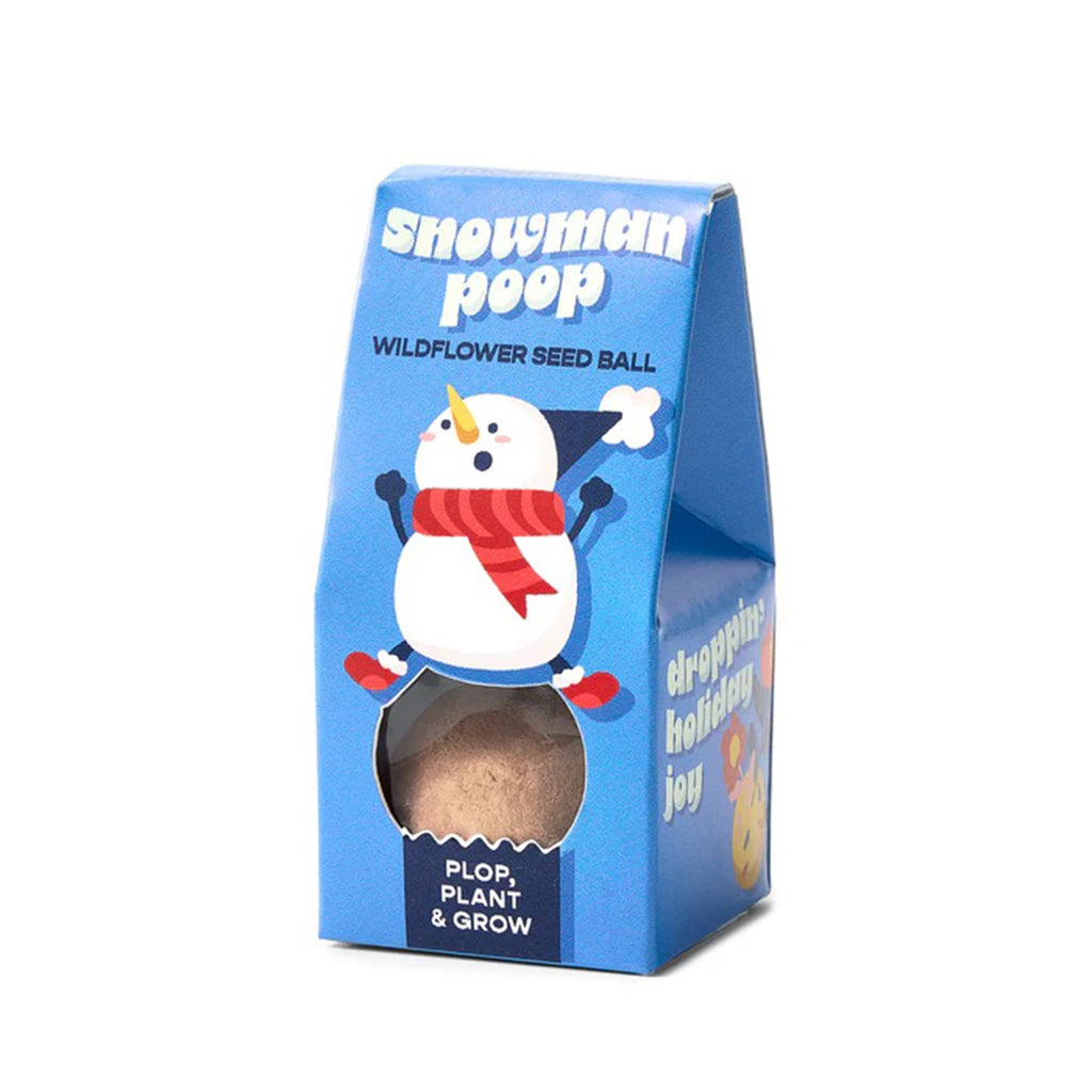 Blue packaging of Snowman poop wildflower seed ball with a snowman illustration on a white background.