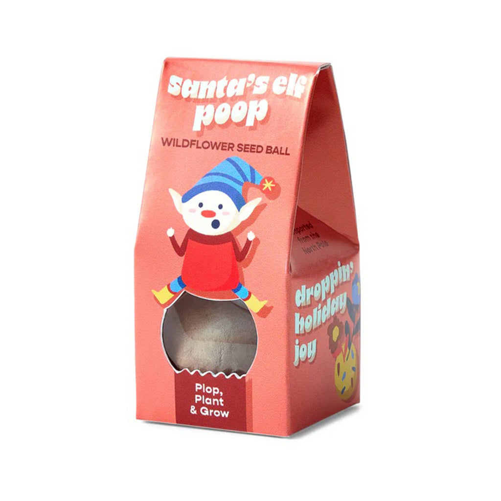Red packaging of Santa's elf poop wildflower seed ball with an elf illustration on a white background.
