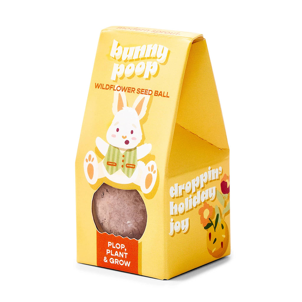 Modern Sprout Easter Plop Bunny Poop Wildflower Seed Ball in yellow box packaging, front angle.