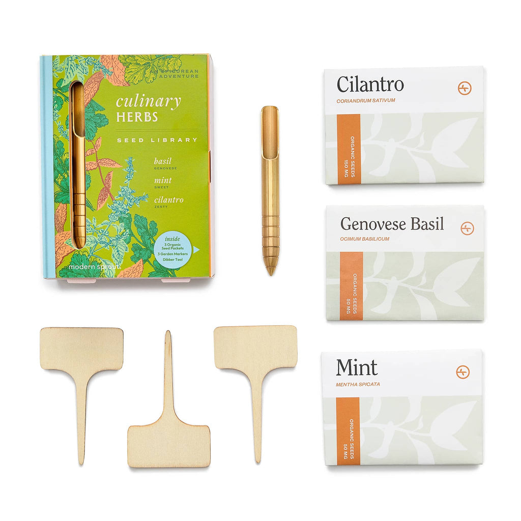 Modern Sprout Culinary Herbs Seed Library in book box packaging, with contents.
