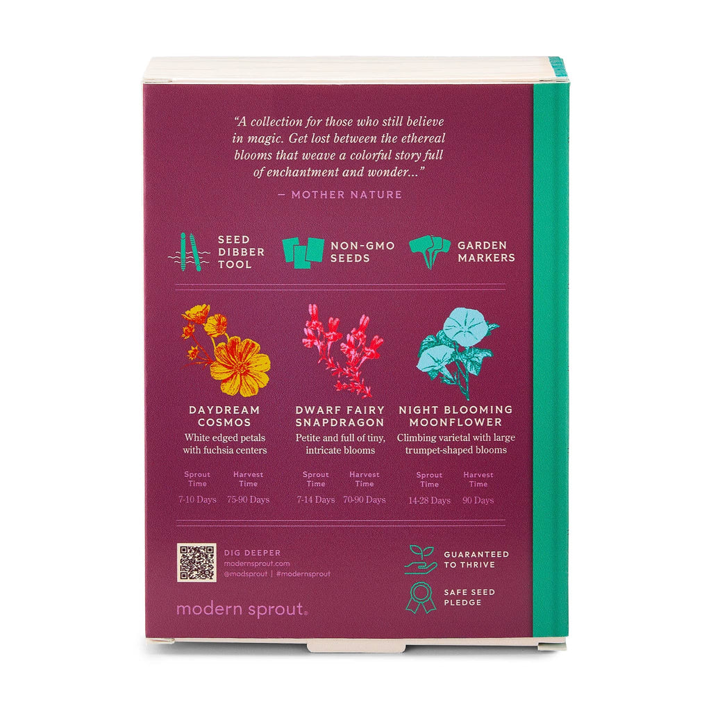 Modern Sprout Enchanted Garden Seed Library in book box packaging, back view.