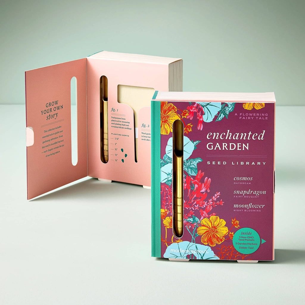 Modern Sprout Enchanted Garden Seed Library in book box packaging, front and interior view.