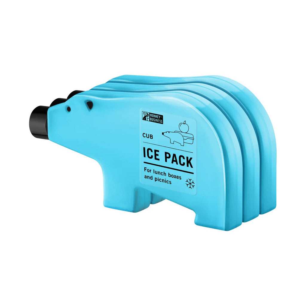Set of four blue bear cub shaped slim ice packs on a white background.