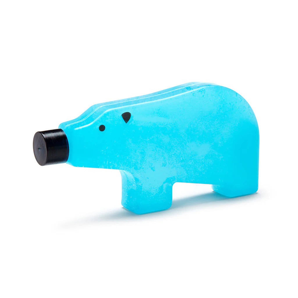 Blue bear cub shaped slim ice pack on a white background.