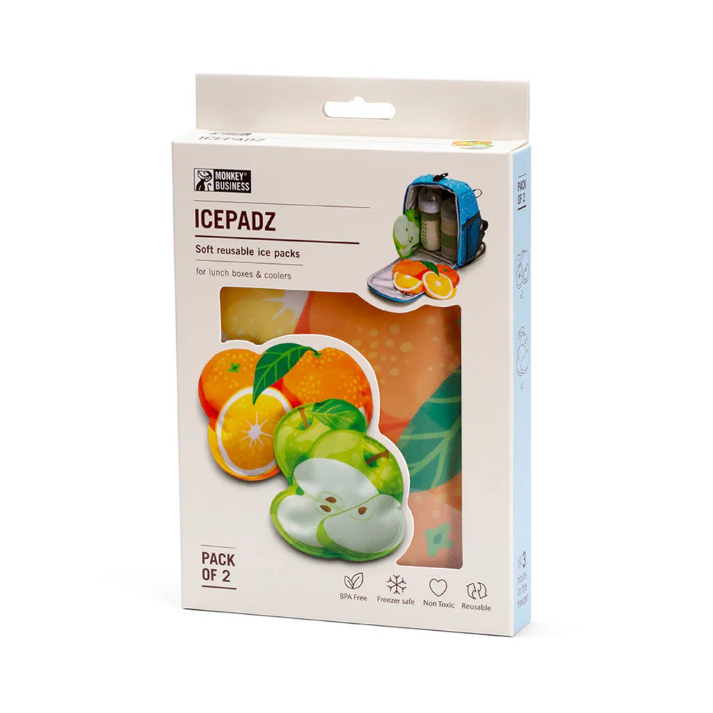 Monkey Business Ice Padz, soft ice packs, set of two in orange and green apple designs, in packaging.