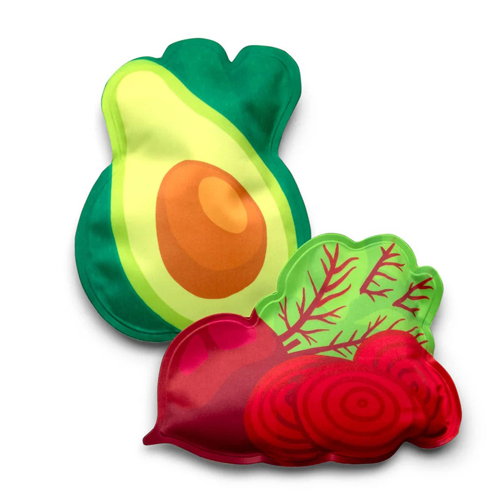 Monkey Business Icepadz, soft ice packs, set of two in avocado and beet designs on a white background.
