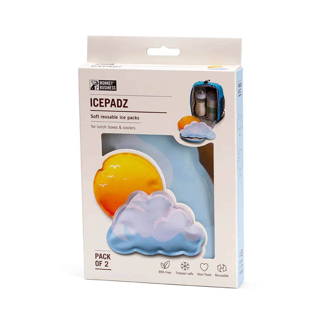 Packaging of Icepadz soft reusable ice packs with cloud and sun design on a white background.