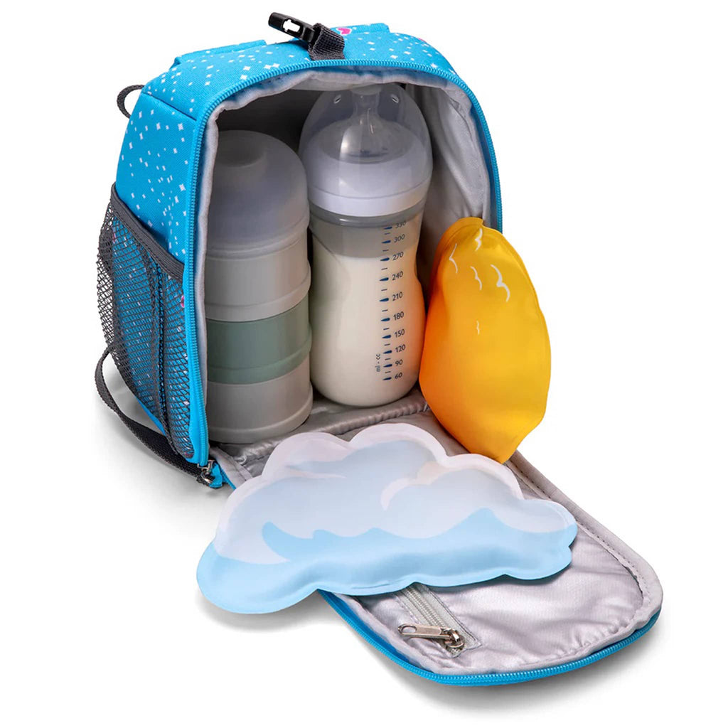 Monkey Business Icepadz, soft ice packs, set of two in sun and cloud designs, shown in a cooler bag with baby bottles.