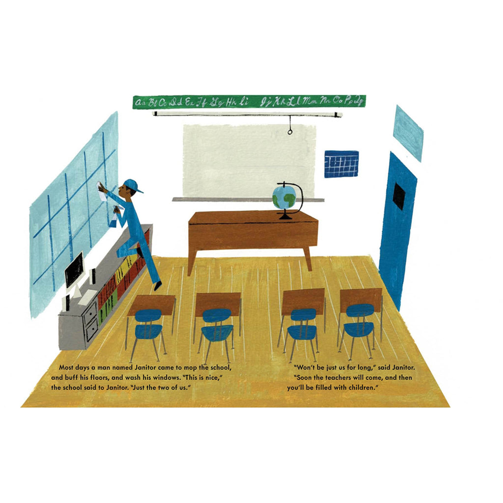 Illustration of a classroom with a janitor cleaning the windows.