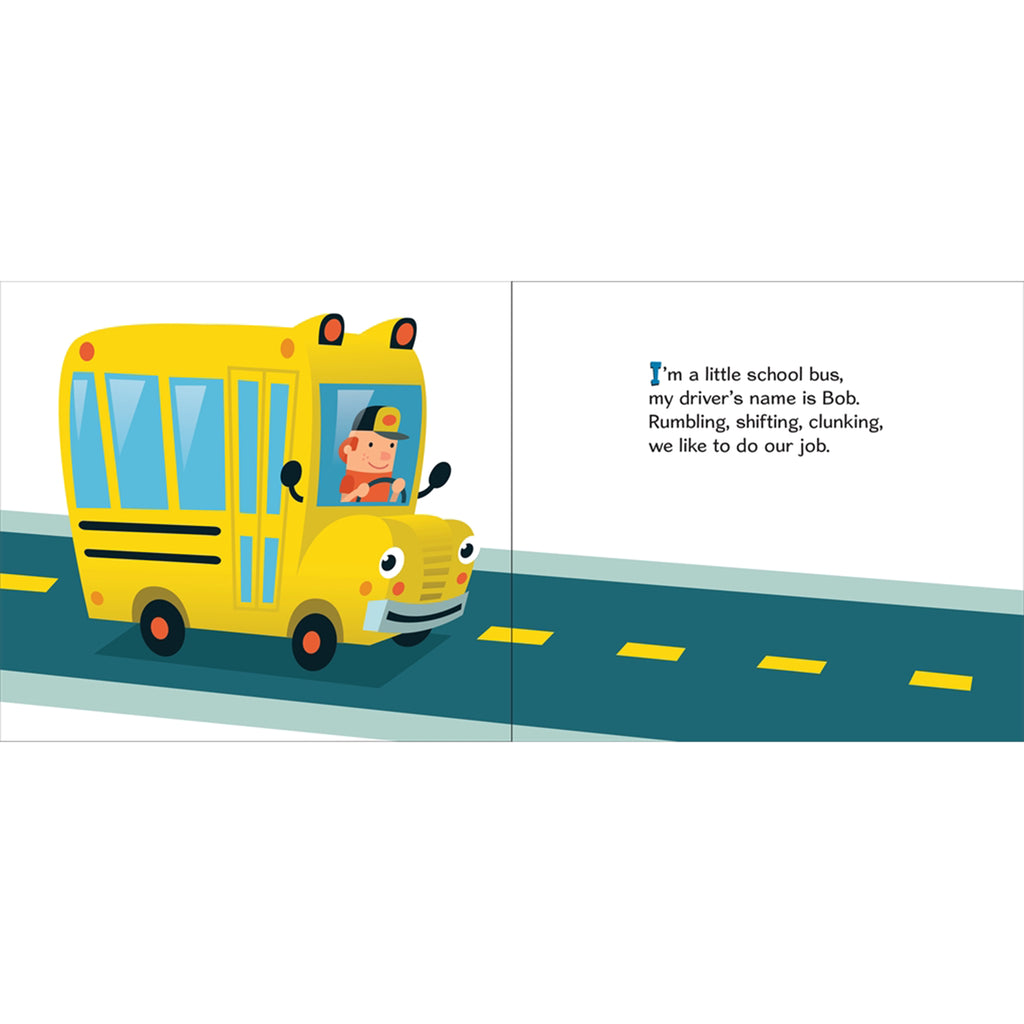 Illustration of a yellow school bus on a road with text about the driver.