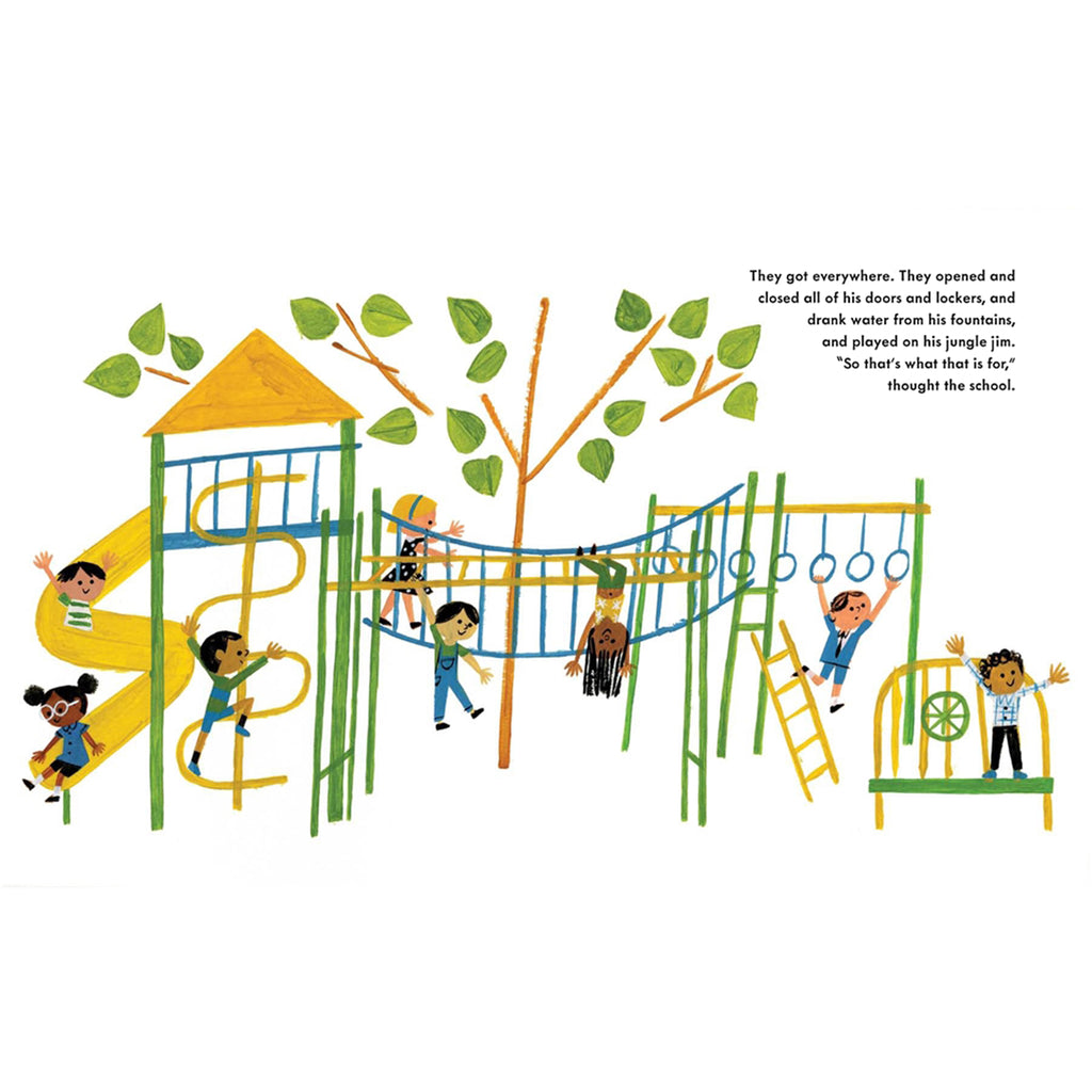 Illustration of a playground with children playing on various equipment.