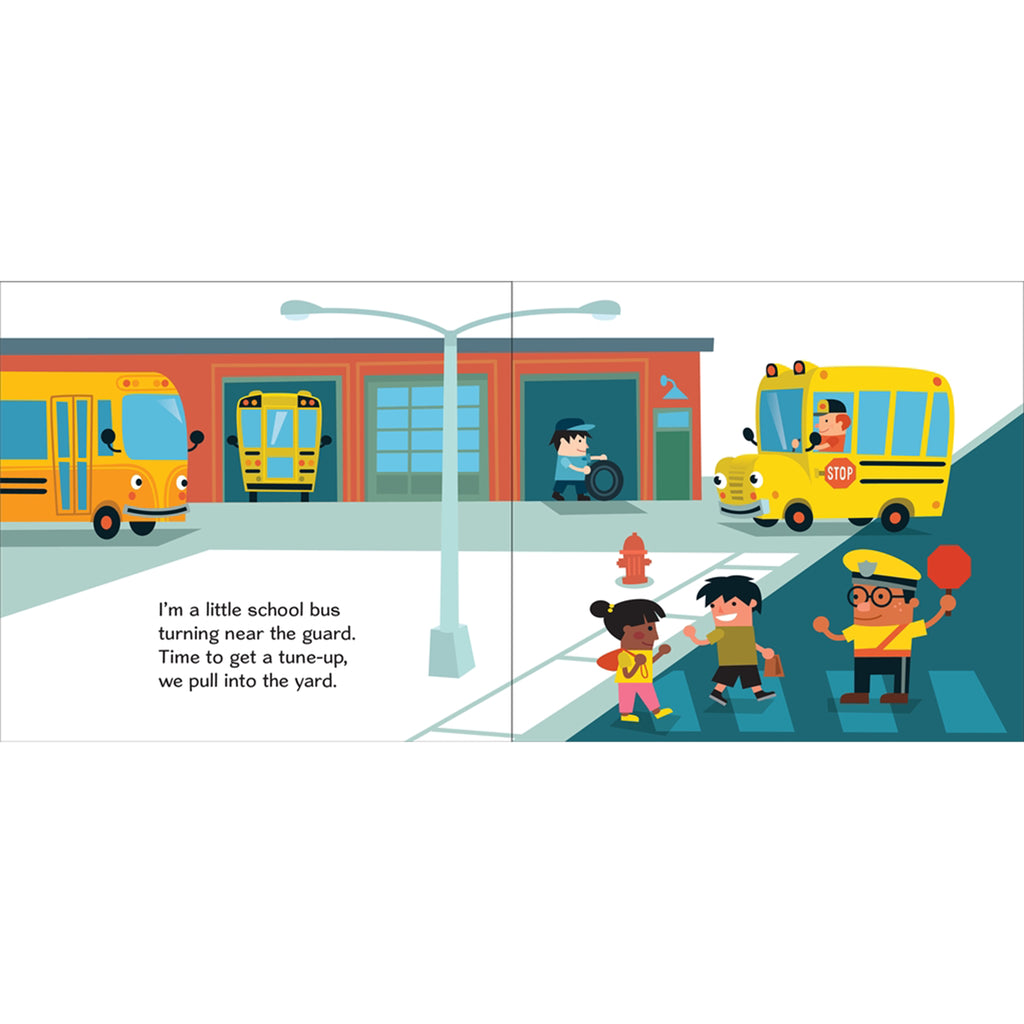 Illustration of a school bus arriving at a bus stop with children and a crossing guard.