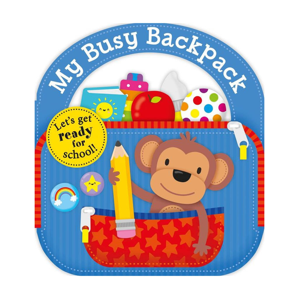 Children's book cover titled 'My Busy Backpack' with a monkey illustration and school supplies.