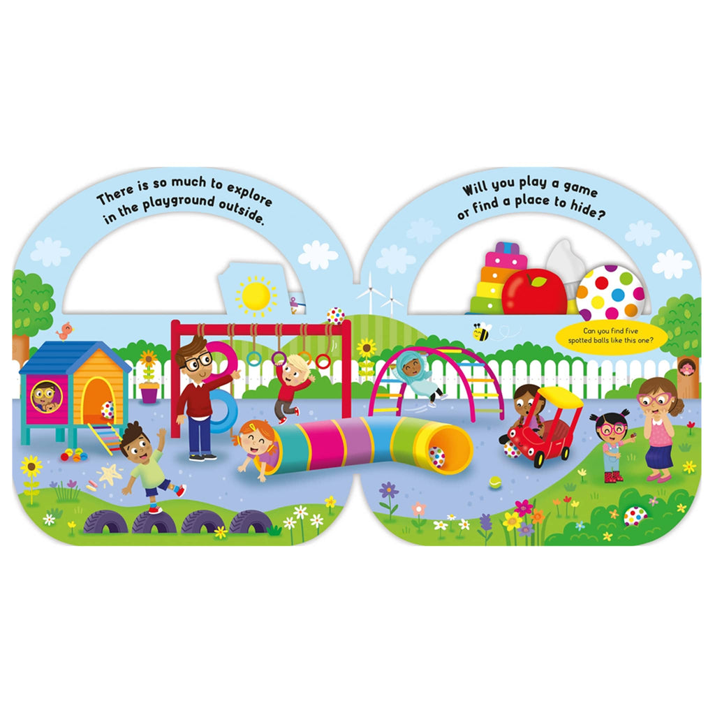 Illustrated children's book pages with a playground scene and children playing.