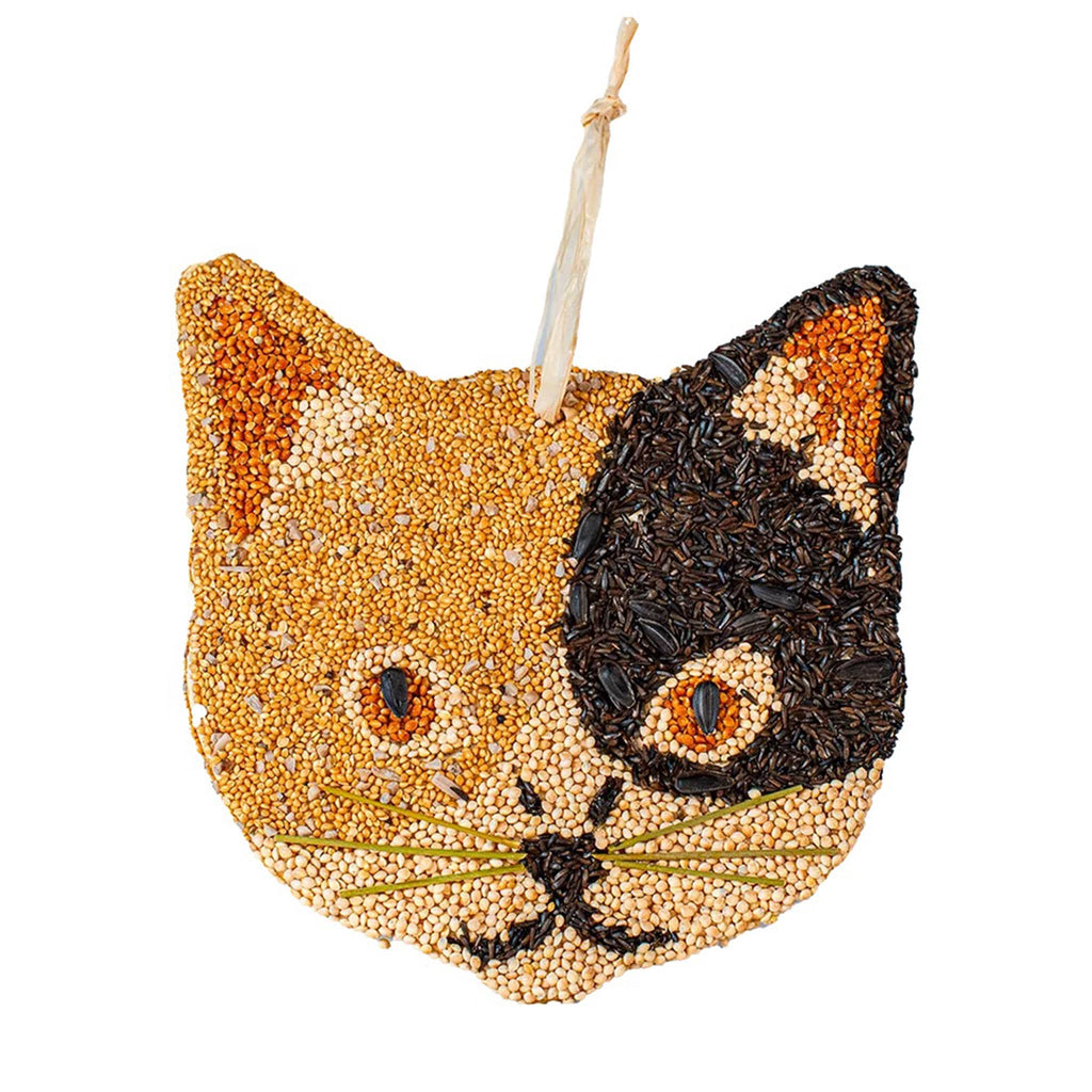 Mr. Bird cat shaped bird seed cookie treat in calico cat style with raffia hanger.
