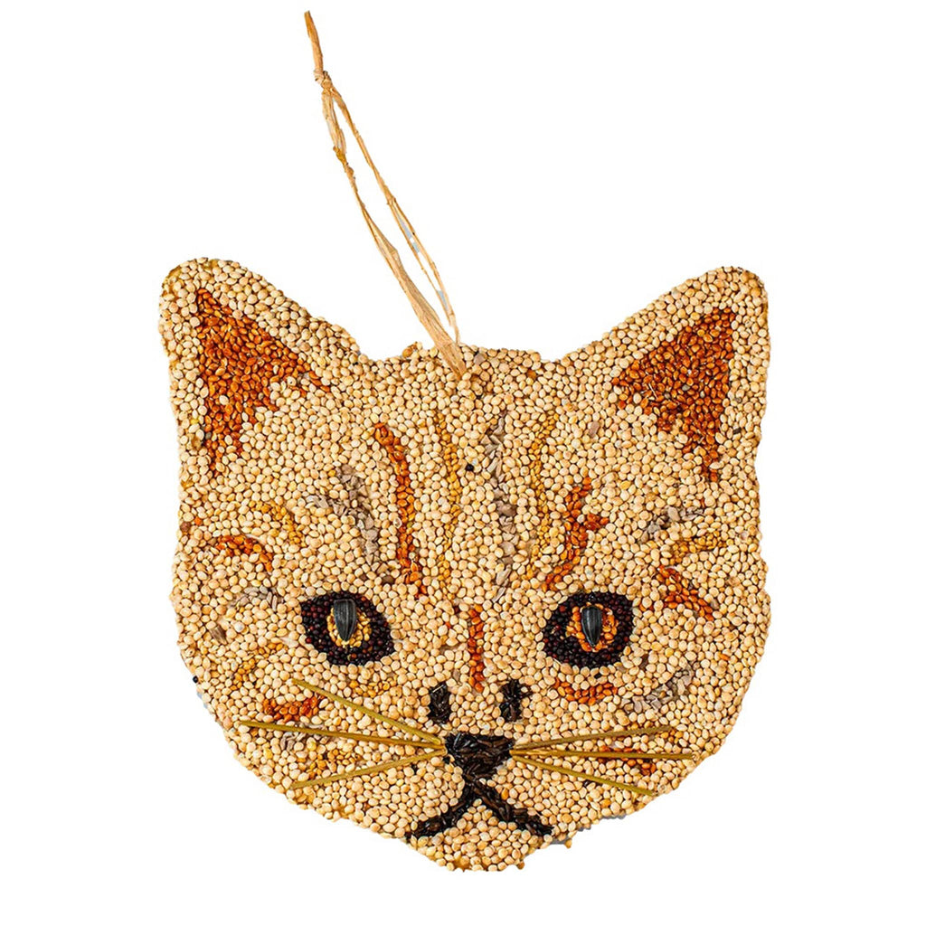 Mr. Bird cat shaped bird seed cookie treat in tiger cat style with raffia hanger.