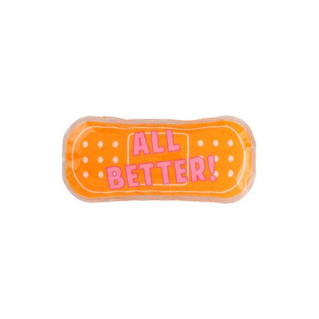 Mud Pie orange bandage shaped ice pack with "all better!" in pink letters.