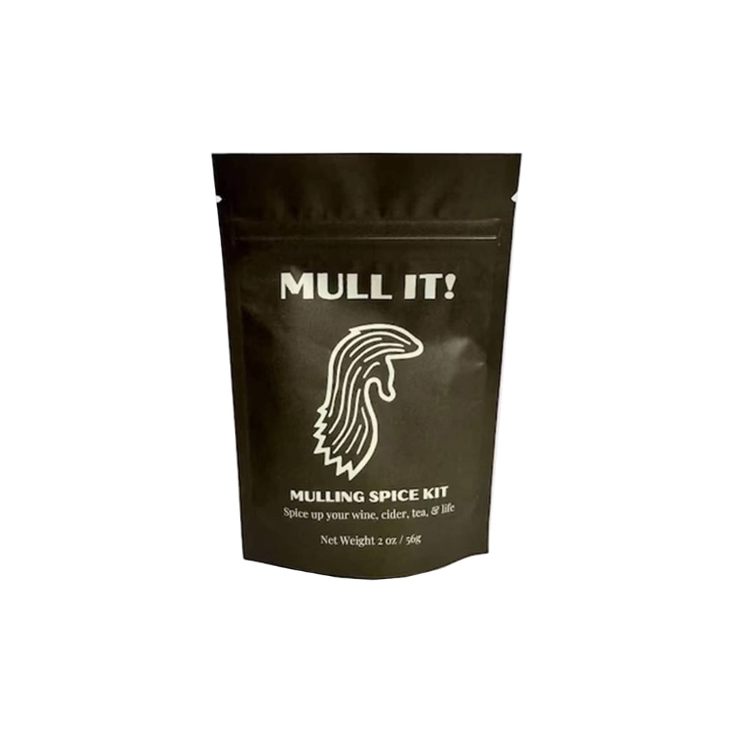 Black mulling spice kit packet packaging with 'Mull It!' branding on a white background.