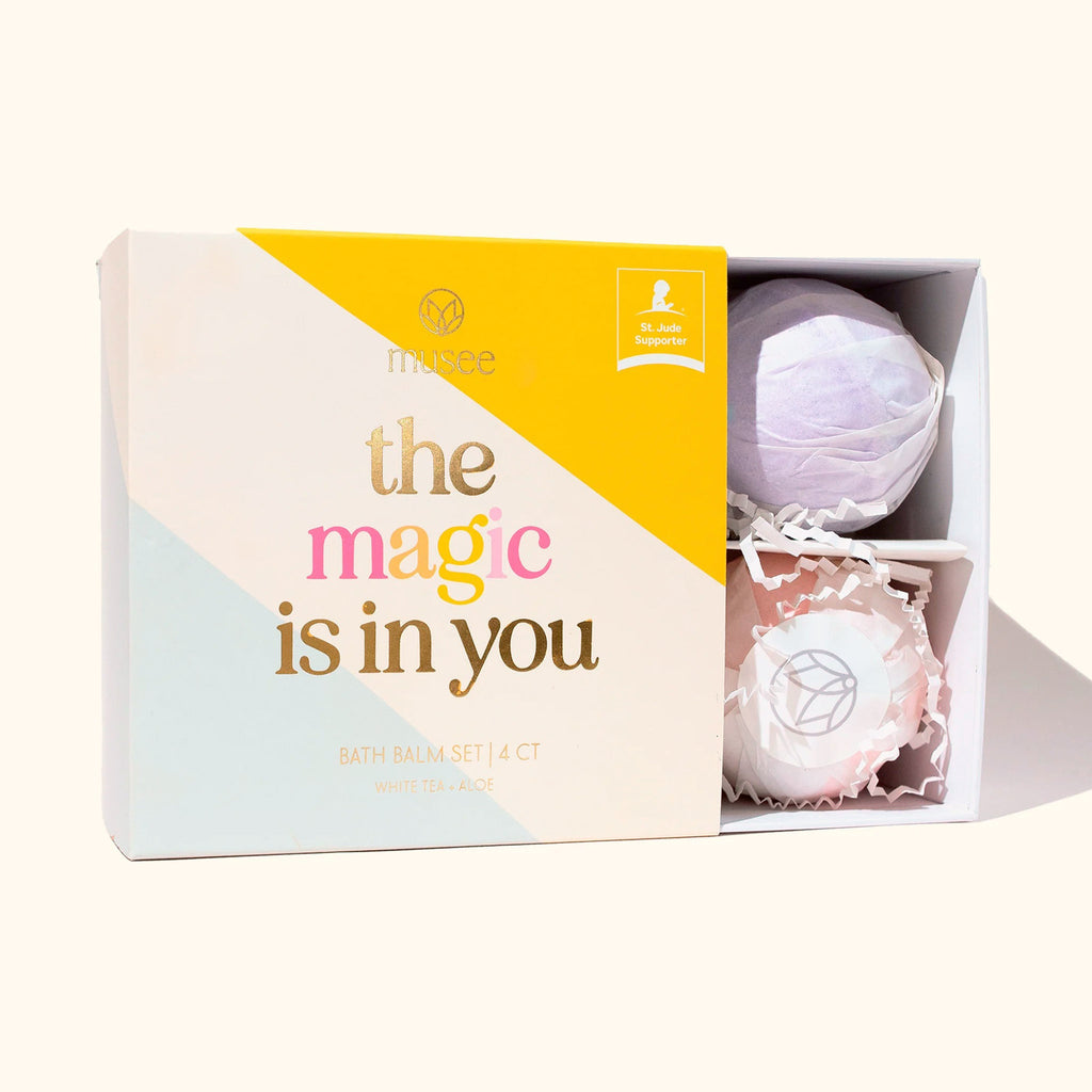Musee Bath x St. Jude's Children's Hospital The Magic is in You 4 Piece Bath Balm Set with White Tea and Aloe scent, in colorful box packaging.