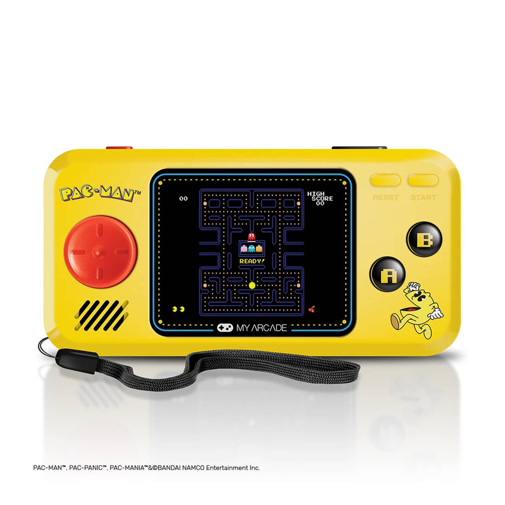 Dreamgear My Arcade Pac-Man Pocket Player portable gaming system, front view.