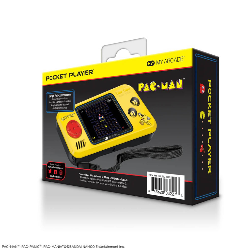 Dreamgear My Arcade Pac-Man Pocket Player portable gaming system in box packaging, back angle view.