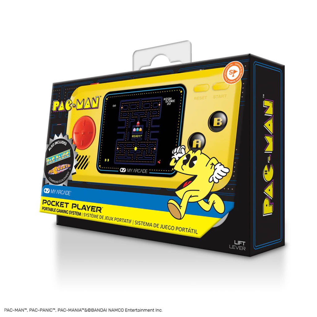 Dreamgear My Arcade Pac-Man Pocket Player portable gaming system in box packaging, front angle view.