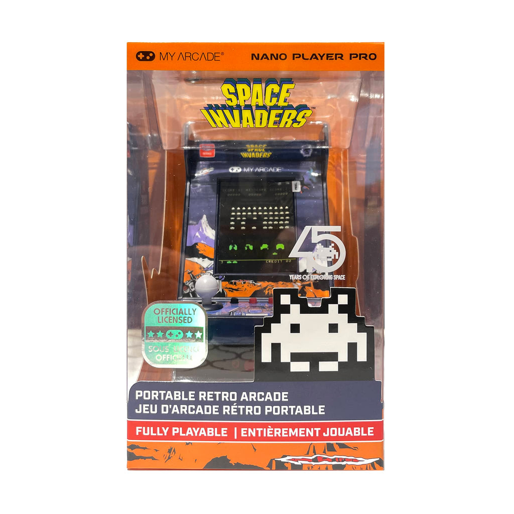 Dreamgear My Arcade Space Invaders Nano Player Pro portable retro arcade game in box packaging, front view.