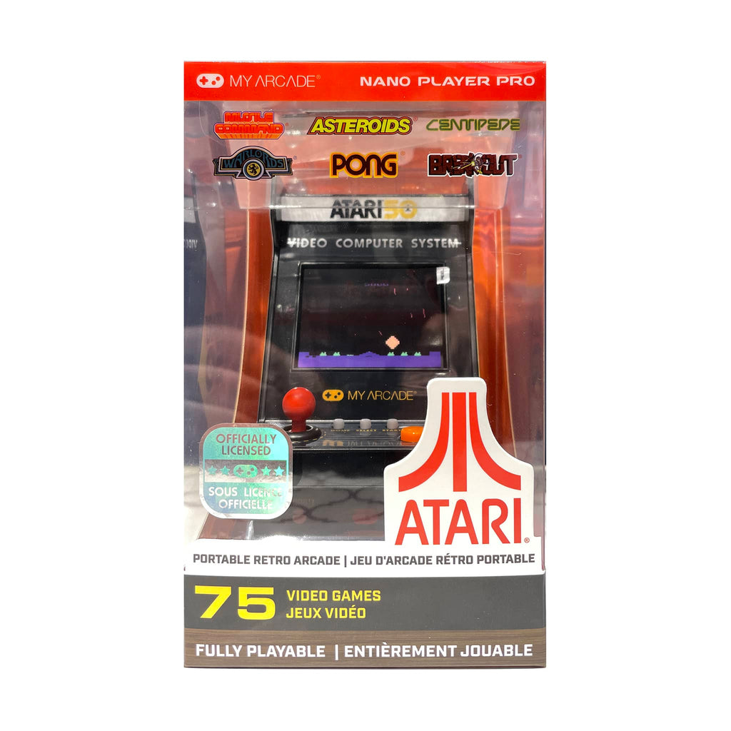 Dreamgear My Arcade Atari Nano Player Pro portable retro arcade game in box packaging, front view.