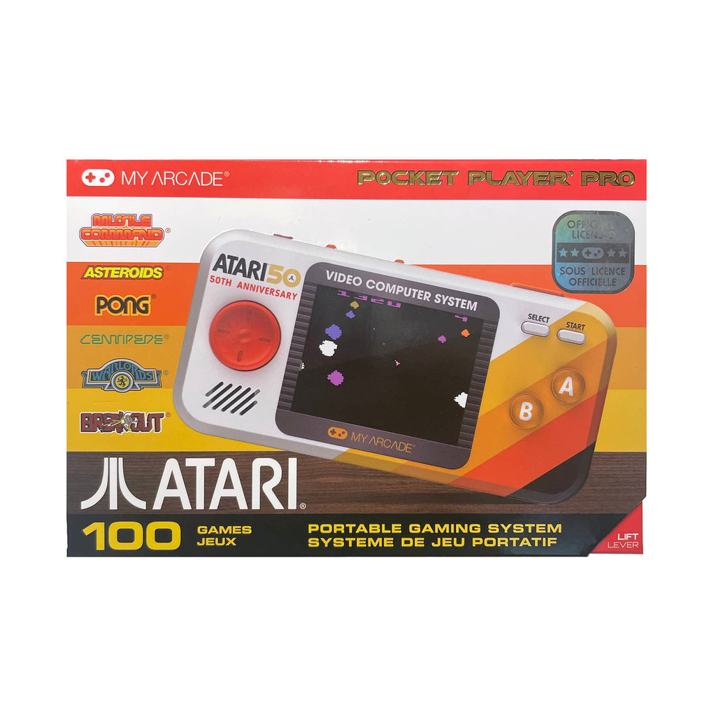 My Arcade Atari 50th Anniversary Pocket Player Pro portable gaming system in box packaging, front view.