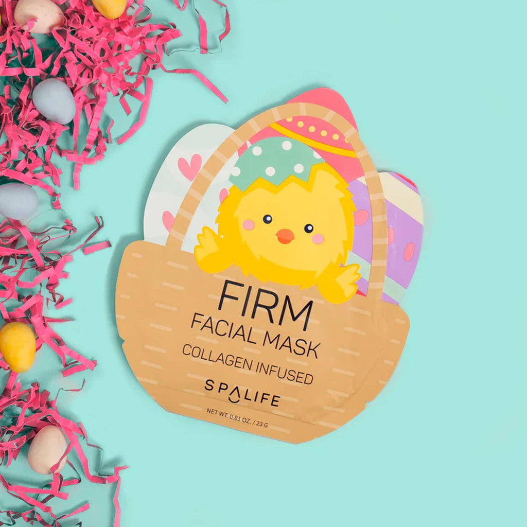 SpaLife Firm Facial Mask in pouch packaging with illustration of Easter chick in basket with colorful eggs.